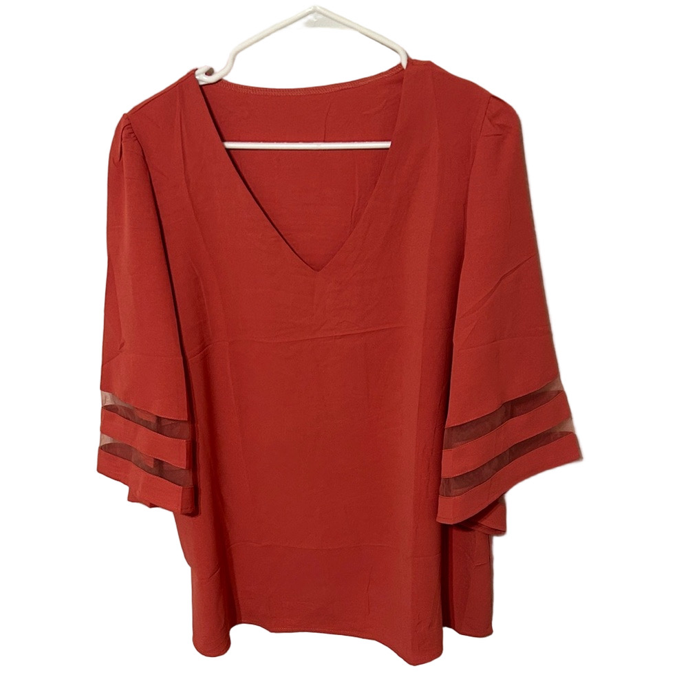 🐞 Red V-Neck Blouse with Sheer Sleeve Stripes size XL GUC